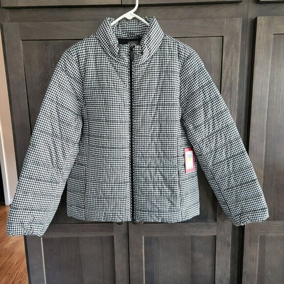 Vince Camuto Puffer Jacket Women Medium Zip Up Houndstooth Print Black White NWT - Picture 2 of 16